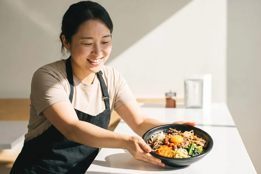 음식점 카운터에서 요리를 내는 직원