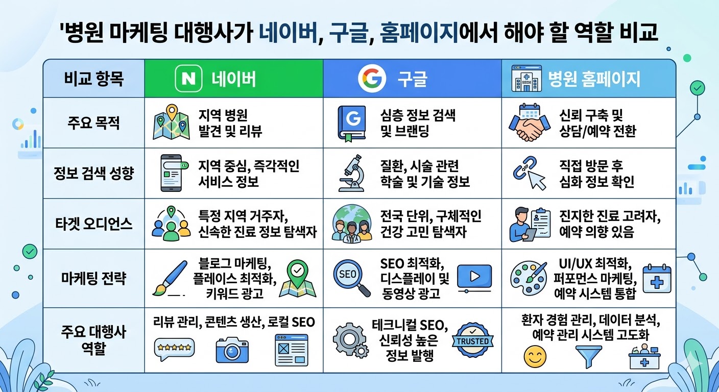 병원 마케팅 대행사가 네이버 구글 홈페이지에서 해야 할 역할 비교
