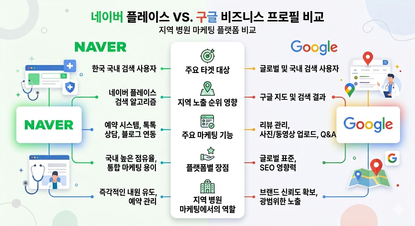 네이버 플레이스와 구글 비즈니스 프로필 지역 병원 마케팅 역할 비교