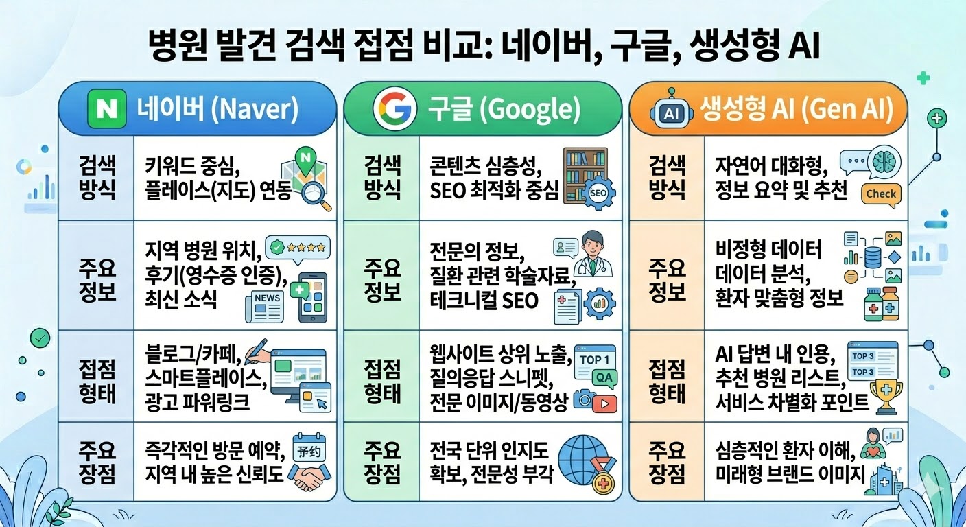 병원 마케팅에서 네이버 구글 생성형 AI 검색 접점 비교 병원 마케팅에서 네이버 구글 생성형 AI 검색 접점 비교