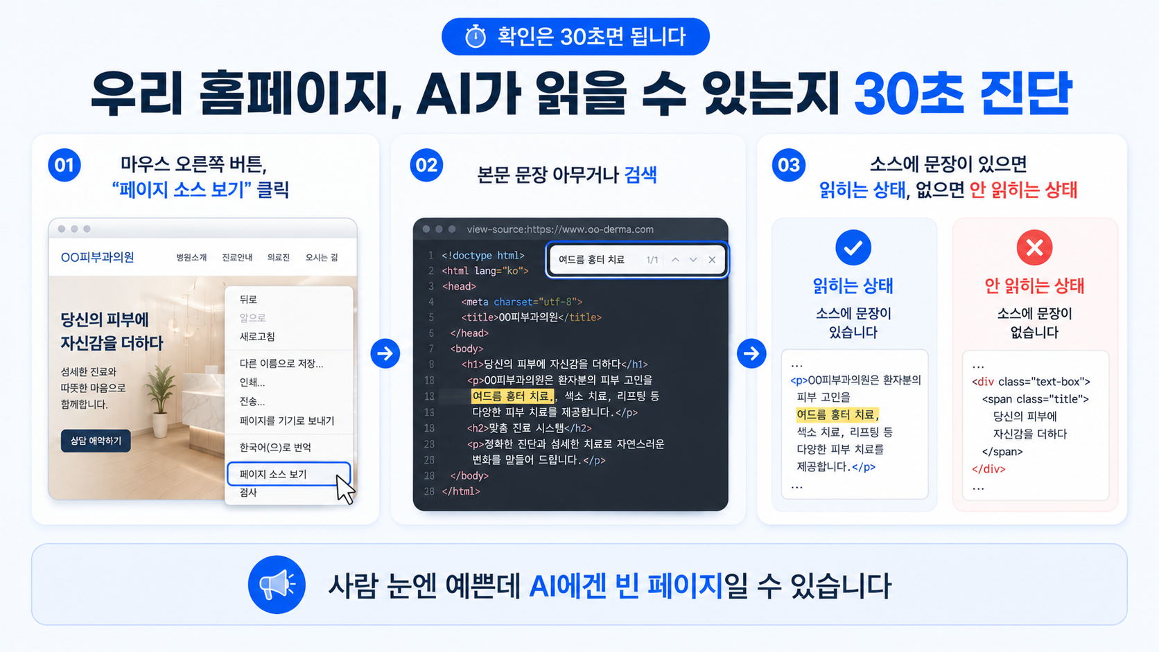 병원 홈페이지가 AI에 읽히는지 확인하는 30초 페이지 소스 보기 진단