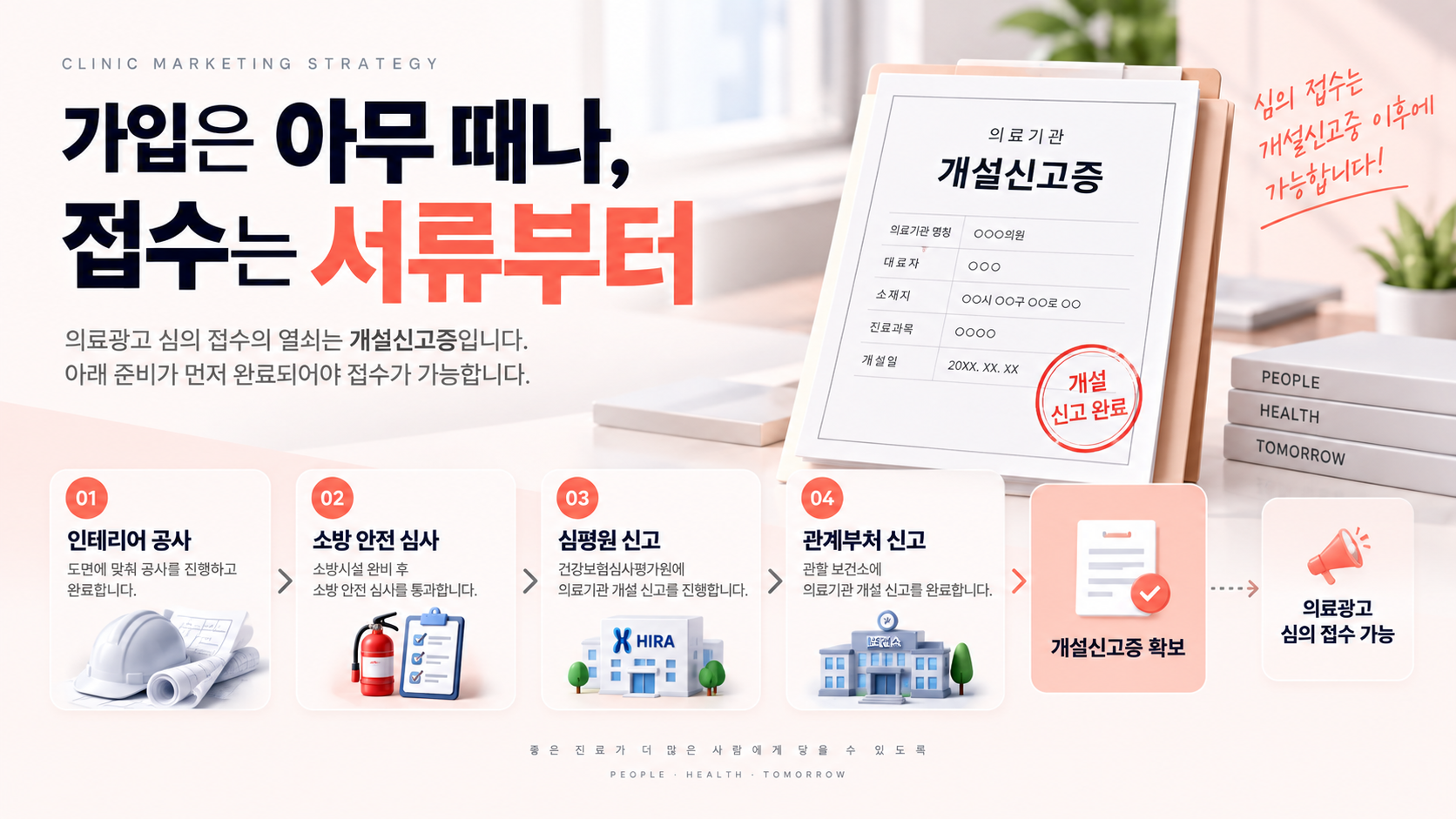 심의 접수의 열쇠는 개설신고증. 인테리어, 소방 안전 심사, 심평원 신고, 관계부처 신고가 먼저다