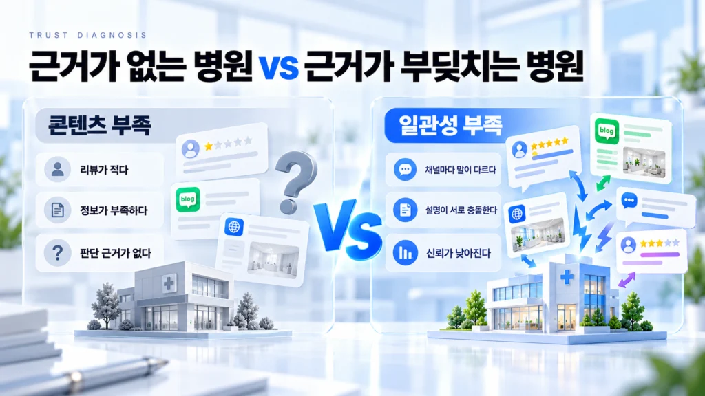 병원 리뷰 콘텐츠 부족과 일관성 부족 비교